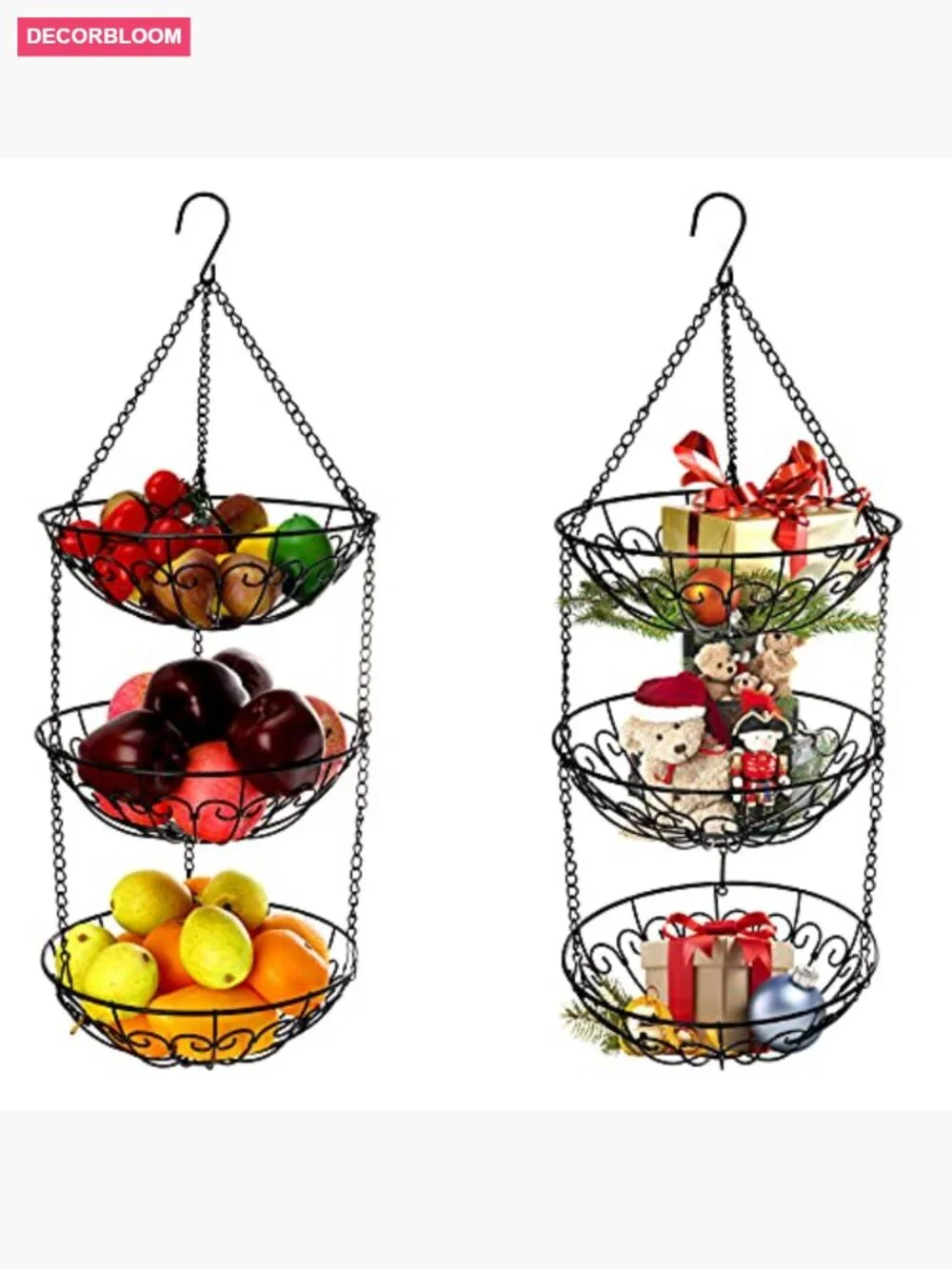 3-Tier Hanging Fruit Basket, Heavy Duty Wire Kitchen Storage Organizer